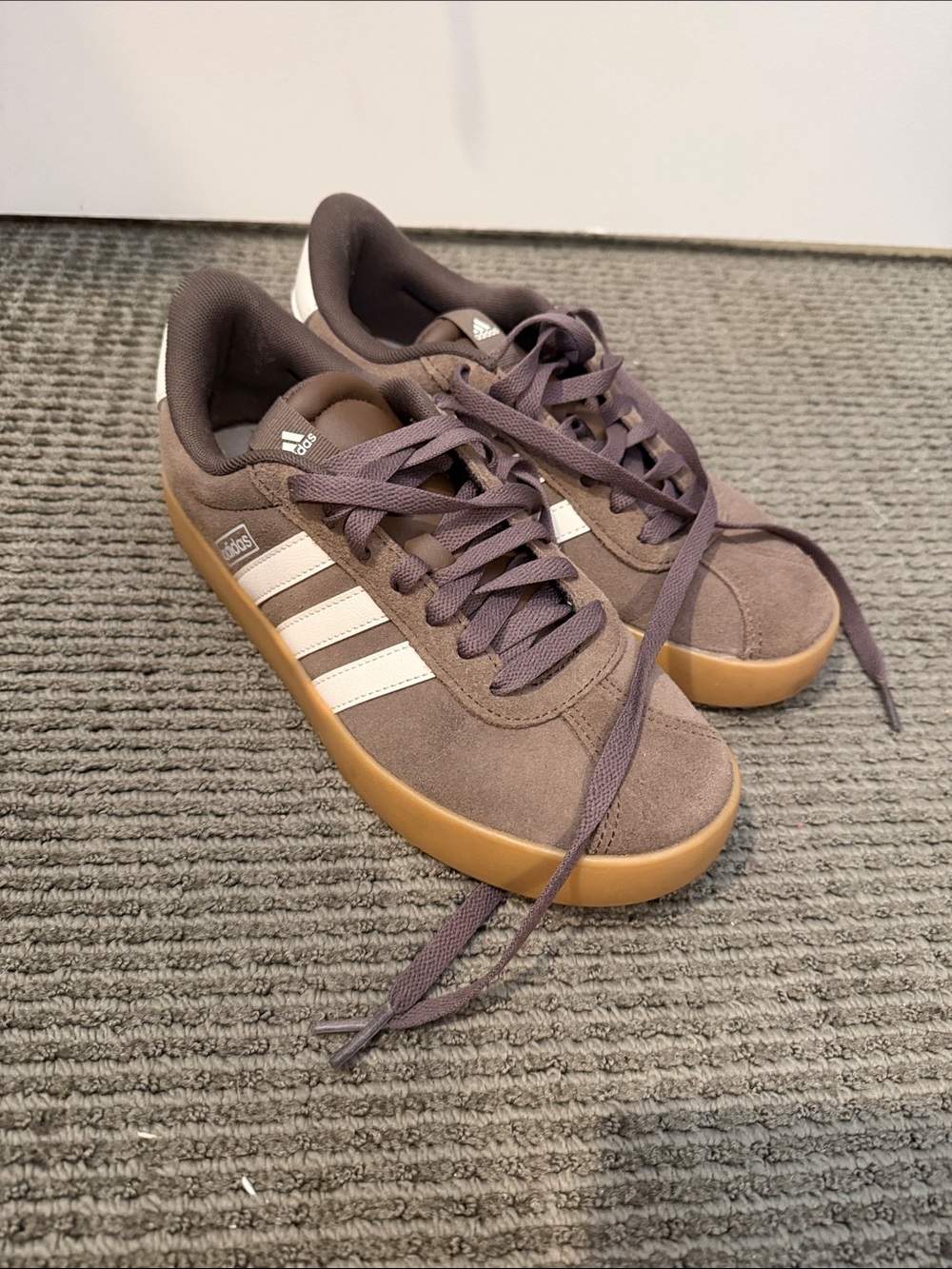 adidas Brown Suede Sneakers with White Stripes and Gum Sole